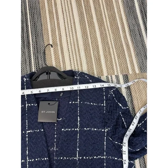 St. John Herringbone Grid Knit Jacket Navy White $1695 NWT Size 12